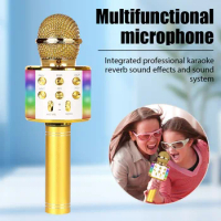 WS858L Karaoke Microphone for Kids Singing 5 in 1 Wireless Bluetooth Microphone with LED Lights Machine Portable Mic Speaker