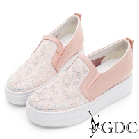 GDC-蕾絲輕透感簍空水鑽真皮拼接厚底休閒鞋-粉色