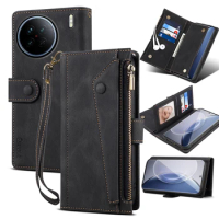 Wallet Flip Leather Case For Vivo X90 Pro X90S X90Pro Mobile Phone Cover Rope Luxury Zipper Smartphone Android Fundas