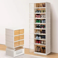 The shoe box can be folded, and a free storage box with a lid and wheels can be installed to stack the shoe cabinet