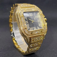 Square Quartz Wristwatch with Luxury Diamond Accents, Ideal for Men's Fashion Events