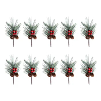 10Pcs Christmas Simulation Pine Needle Red Holly Berries Pinecones Artificial Pine Picks Party Wedding Garden Xmas Decorations