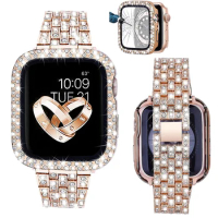 Women's Diamond Case + Strap for Apple Watch Band 9 8 7 41mm 45mm 40mm 44mm Metal Bracelet for iWatch Series 7 SE Jewelry Cover
