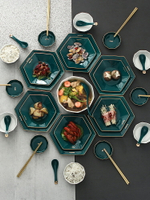 簡約陶瓷套碗碟套裝金邊拼盤餐具拼碟組合方碗筷盤子方盤家用餐盤