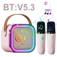 K12 Portable Karaoke Machine Bluetooth 5.3 Speaker System with 1-2 Wireless Mic Mini Home Theater Speakers Adjustable LED Lights