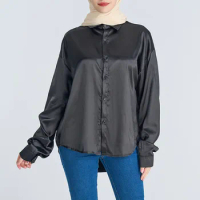 2023 Elegant Middle Eas Kaftan Imitation Silk Top Islamic Clothes Long Sleeve Satin Shirt Feminine Commuter Basic Shirt Islamic