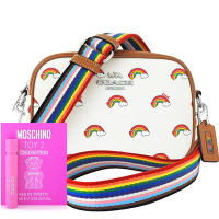 COACH 象牙白色JAMIE彩虹圖樣PVC斜背相機包+MOSCHINO 品牌經典隨身小香水