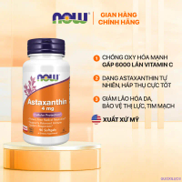 (đủ bill) Viên uống Astaxanthin Now 12mg / 10mg / 4mg hỗ trợ giảm lão hóa da, chống oxy hóa tế bào