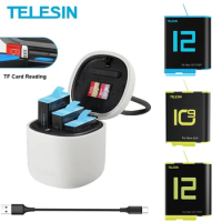 TELESIN 3 Pack 1750mAh Battery 3 Slots Battery Charger With TF Card Reader Charging Storage Box for Gopro Hero 12 11 10 9 Black