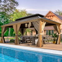 12' x 20' Gazebo, Wooden Finish Coated Aluminum Frame Canopy with Double Galvanized Steel Hardtop, with Curtains and Nettings