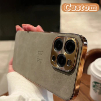 Leather Personalised Customized Name Case For Iphone 11 12 13 14 15 Pro Max Electroplated Frame Lambskin Initials Cover 11 15Pro