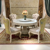 European marble round dining table and chair combination solid wood carved dining table dining room light luxury dining table