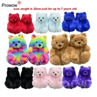 PROWOW Kids Teddy Bear Plush Slippers Cartoon Cute Bear Warm House Slipper Furry Faux Fur Slides Baby Furry Shoes d1