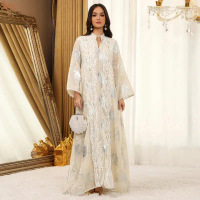 Đầm dạ hội nữ thêu họa tiết Uni Dubai, tay lưới kiểuabaya, thời trang Ma Rốc, quần áo nữ 2025
