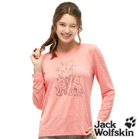 【Jack wolfskin 飛狼】女 溫馨狼家族印花長袖排汗衣 T恤(粉橘)
