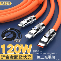 【SHOWHAN】120W 鋅合金超級快充一拖三充電線 帶指示燈-1.2M