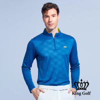 【KING GOLF】男款薄款立領拉鍊菱格線條印圖長袖POLO衫/高爾夫球衫(藍色)
