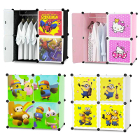 4 Wardrobe DIY Cartoon Wardrobe Cabinet Cube Rack Clothes Storage Bedroom Wardrobe Cabinet Almari