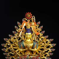 17"Tibetan Temple Collection Old Bronze Outline in gold Mosaic Gem 18 Arm Guanyin Cundhi Bodhisattva Sitting Buddha Worship Hall