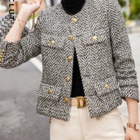 Yitimuceng Blazer Coat for Women Office Wear Tweed Long Sleeve Single Breasted Short Classic Basic Korean Autumn Winter Fashion
