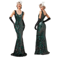 Luxury Evening Fishtail Dress Banquet Large Long Slim Elegant Floor Length Dress V-Neck Sleeveless 1920s Flapper Sequin Dress
