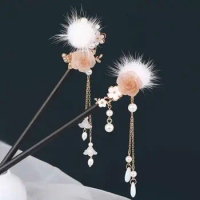Tassel Wooden Hair Stick Antique Hair Ball Flower Hanfu Hairpin Chinese Style Hair Chopstick For Girl