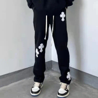 Chrome Hearts กางเกงขายาว ลําลอง สําหรับผู้ชาย และผู้หญิง ผ้าโครเมี่ยม ปักลายหัวใจ ทรงตรง แบบผูกเชื 