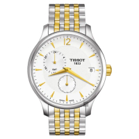 【TISSOT 天梭】Tradition GMT 二地時區經典手錶-銀x半金 母親節 送禮 禮物(T0636392203700)