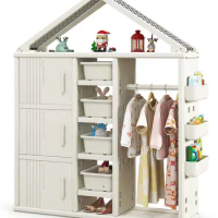 Kids Costume Storage Closet, Children Pretend Dresser Wardrobe, Open Hanging Armoire Closet with Storage Bins(White)