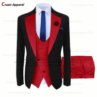 (20 Colors) Elegant Black Red Men's Suit 3Pcs Slim Fit Groomsmen Groom Wedding Tuxedo Tailor-made Business Blazer Vest Pants Set