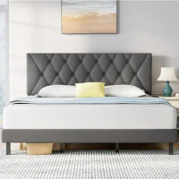 king size bed frame,with adjustable headboard,Sturdy frame and wooden slat supports,Non-slip and noiseless, linen fabric wrap
