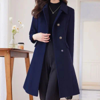 Tesco Elegant Women's Coat Woolen Thickened Trench For Women Winter Wear Solid Slim Formal Outerwear For Office Wear Warm Jacket