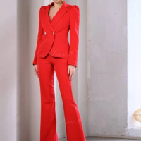 Tesco 2 Women's Suit Peak Lapel Slim Fit Formal Birthday Party Suit Long Flare Pants Business Office Lady Casual Suit