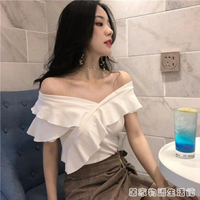 新款夏季V領露肩t恤女短袖心機一字領上衣時尚百搭韓版潮ins