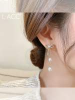 珍珠流蘇蝴蝶結925銀針 修飾臉型的耳環