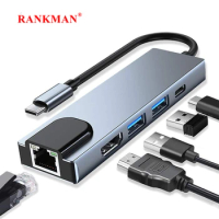 Rankman USB C Hub to Ethernet RJ45 4K HDMI-Compatible USB 3.0 2.0 Type C Dock for MacBook iPad Samsung S22 Dex HDTV PS5