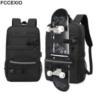FCCEXIO Skateboard Backpack Anti-theft Password Lock USB Charging Shoulder Bag Unisex Leisure Travel Computer Bag Longboard Bag