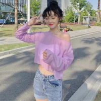 T-Shirts Women See-through Loose Fit All-match Sexy Spicy Girls Chic Streetwear Young Sweet Sun-proof Crop Tops Summer Trendy