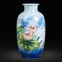 景德鎮陶瓷器手繪花瓶荷花冬瓜瓶大號落地客廳家居插花裝飾品擺件