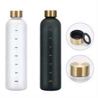 1000ML Plastic Space Cup Large-Capacity Transparent Frosted Water Cup Copper Lid Sport Water Bottle with Time Marker for Student