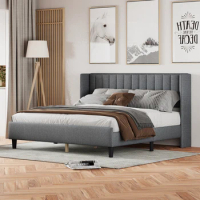 Queen size Upholstered Platform Bed Frame with Headboard, Mattress Foundation, Wood Slat Support, Quiet, Easy to Assemble