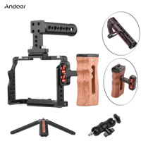 Andoer Camera Video Cage Top Handle Side Wooden Grip Dual Cold Shoe Mount 1/4"for Sony A7IV/A7III/A7II/A7R III/A7R II/A7S II