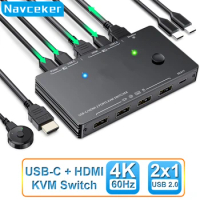 Navceker Thunderbolt 3 USB C HDMI KVM Switch 4K 60Hz Type C USB KVM Switcher 87W PD Charge for 2 Computer Macbook 1 HDMI Monitor