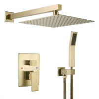 High quality square shower head brushed gold shower tap mixer concealed bathroom shower faucet set