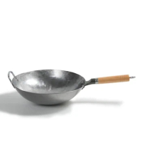 Traditional Hand Hammered Carbon Steel Pow Wok with Wooden and Steel Helper Handle, Round Bottom Iron Wok Cast Iron Pot