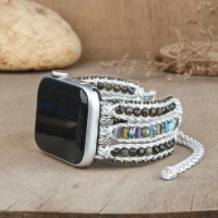 Men Natural Obsidian Apple Watch Strap 38-45mm Handmade Gemstone Beads Watch Band Woven Apple Watch Accessories