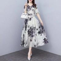 FAN 2025 Gaun Panjang Bunga Leher V-Sifon Sifon Korea Baru/long dress korea