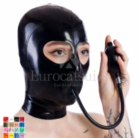 Latex Mask with Transparent Clear Face Headwear Hood Red Latex hood with micro perforations