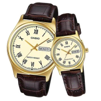 CASIO 卡西歐 指針對錶 皮革錶帶 MTP-V006GL-9B+LTP-V006GL-9B