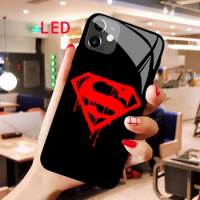 Luminous Tempered Glass phone case For Apple iphone 12 11 Pro Max XS mini Superman Acoustic Control Protect LED Backlight cover